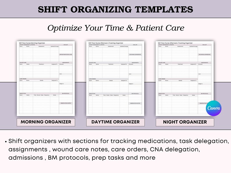 Peut inclure: Trois mod&egrave;les d'organisation de quarts de travail avec le texte "SHIFT ORGANIZING TEMPLATES" et "Optimize Your Time & Patient Care". Les mod&egrave;les sont &eacute;tiquet&eacute;s "Morning Organizer", "Daytime Organizer" et "Night Organizer". Chaque mod&egrave;le comporte des sections pour le suivi des m&eacute;dicaments, la d&eacute;l&eacute;gation des t&acirc;ches, etc.
