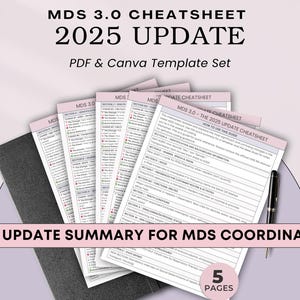 May include: A stack of pink and white MDS 3.0 Cheatsheets for the 2025 update, with the text "PDF & Canva Template Set". The image includes a black pen and the text "CMS Update Summary for MDS Coordinators". The Canva logo is in the upper right corner.