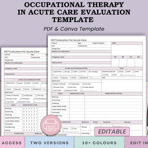 Op de afbeelding: Een sjabloon voor ergotherapie in acute zorg, beschikbaar als PDF- en Canva-sjabloon. De afbeelding toont twee formulieren, een pen en tekst met de tekst "Directe toegang", "Twee versies", "10+ kleuren" en "Bewerken in Canva".