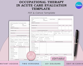 Occupational Therapy Acute Care Setting Evaluation Template - OT Assessment Report (Printable PDF & Canva)
