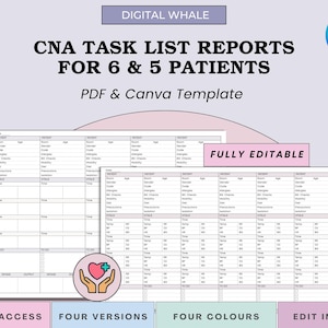 CNA To Do List, Vital Signs Log w/ I&O, CNA Report Sheet 6 and 5  Patients, Patient Care Tech, CNA Shift Planner, Long Term Care Sheets