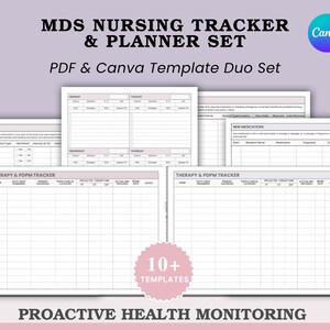 May include: A collection of nursing tracker and planner templates. The image displays several white sheets with pink and grey text and tables. Text includes "MDS Nursing Tracker & Planner Set" and "Proactive Health Monitoring". The Canva logo is in the upper right corner.