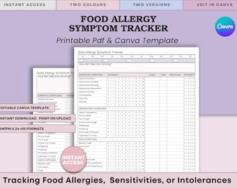 食物アレルギートラッカー - 症状と反応の重症度記録（印刷可能なPDF + Canva）