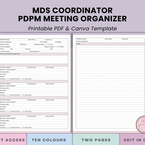 May include: A printable PDF and Canva template for an MDS Coordinator PDPM Meeting Organizer. The design features two pages with a pink, purple, and green color scheme. Text includes "Instant Access", "Ten Colours", "Two Pages", and "Edit in Canva".