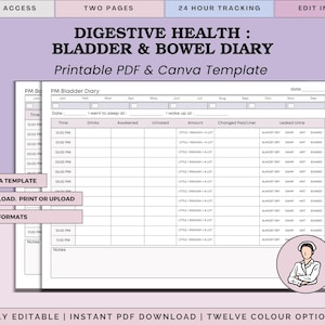 Może przedstawiać: Drukowany szablon PDF i Canva do prowadzenia dziennika pęcherza moczowego i jelit. Szablon zawiera sekcje dotyczące czasu, napojów, oddawania moczu i innych. Projekt jest na jasnofioletowym tle z czarnym i różowym tekstem. Natychmiastowe pobieranie.