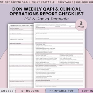 May include: A printable PDF and Canva template titled "DON WEEKLY QAPI & CLINICAL OPERATIONS REPORT CHECKLIST." The document is white with black text and includes sections for executive snapshot, weekly quality metrics, and survey readiness. The template is available in 5+ colors.