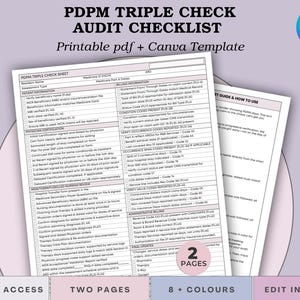 Puede incluir: Una plantilla imprimible en PDF y Canva titulada "Lista de verificación de auditoría triple PDPM". El documento incluye secciones para información del paciente, detalles de facturación y certificación. La imagen también presenta el logotipo de Canva y texto que indica acceso instantáneo, dos páginas y ocho o más colores.
