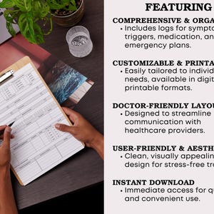 Puede incluir: Un portapapeles con un formulario m&eacute;dico es sostenido por una persona. El formulario incluye secciones para s&iacute;ntomas, desencadenantes y medicamentos. El texto de la imagen dice "Completo y organizado", "Personalizable e imprimible", "Dise&ntilde;o para m&eacute;dicos", "F&aacute;cil de usar y est&eacute;tico" y "Descarga instant&aacute;nea".