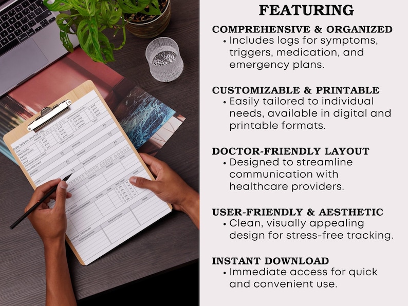 Puede incluir: Un portapapeles con un formulario m&eacute;dico es sostenido por una persona. El formulario incluye secciones para s&iacute;ntomas, desencadenantes y medicamentos. El texto de la imagen dice "Completo y organizado", "Personalizable e imprimible", "Dise&ntilde;o para m&eacute;dicos", "F&aacute;cil de usar y est&eacute;tico" y "Descarga instant&aacute;nea".