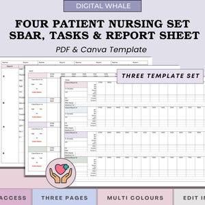 May include: A digital template set for nursing, featuring SBAR, tasks, and report sheets. The design includes three pages with multi-color options, editable in Canva. The text includes "Digital Whale", "Four Patient Nursing Set", and "Three Template Set".