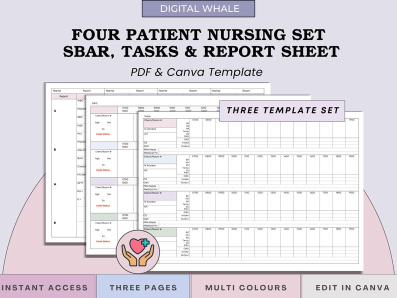 Nurse Task Layout 4-patient Nursing Report Sheet Trio: SBAR, Hourly Tasks Bundle for ...