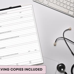 May include: A white clipboard with a black clip, filled with a "Nurse Delegation Documentation" form. A stethoscope and a keyboard are also visible. The form includes sections for employee name, delegated tasks, and emergency information. The text "INK SAVING COPIES INCLUDED" is at the bottom.