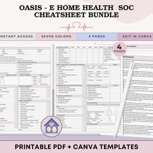 May include: A bundle of printable PDF and Canva templates for home health SOC, with the text "OASIS - E HOME HEALTH SOC CHEATSHEET BUNDLE". The design includes sections for instant access, seven colors, and four pages. The Canva logo is in the upper right corner.