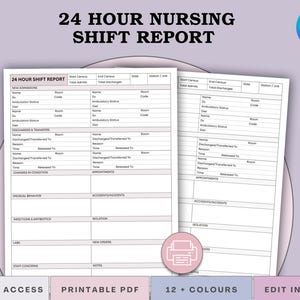 May include: A printable 24-hour nursing shift report template. The document includes sections for new admissions, discharges, transfers, and other important information. The design features a soft purple background with text that reads "24 HOUR NURSING SHIFT REPORT".