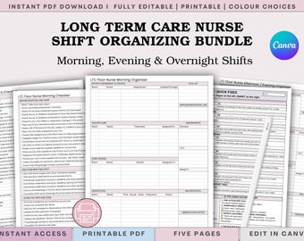 Può includere: Un pacchetto digitale di fogli organizzativi per infermieri con il testo Long Term Care Nurse Shift Organizing Bundle, Morning, Evening & Overnight Shifts. I documenti includono liste di controllo e moduli di valutazione del paziente.