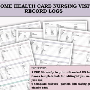 May include: A stack of printed record log sheets for home health care nursing visits. The sheets have sections for visit notes, vital signs, and care services. The text "HOME HEALTH CARE NURSING VISIT RECORD LOGS" is at the top. The image includes the text "INCLUDED" and "Canva".