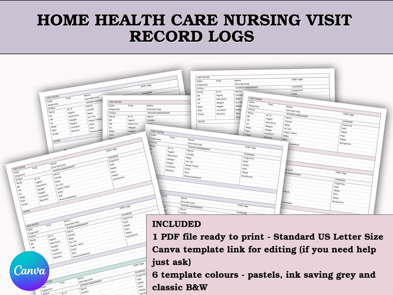 May include: A stack of printed record log sheets for home health care nursing visits. The sheets have sections for visit notes, vital signs, and care services. The text "HOME HEALTH CARE NURSING VISIT RECORD LOGS" is at the top. The image includes the text "INCLUDED" and "Canva".