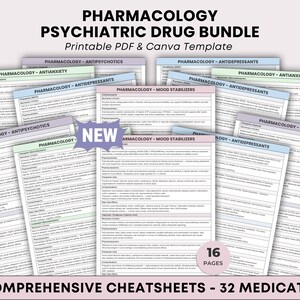 Könnte beinhalten: Ein Bundle von 16 druckbaren Pharmakologie-Spickzetteln, die 32 Medikamente abdecken. Die Blätter sind mit Themen wie Antipsychotika, Antidepressiva und Stimmungsstabilisatoren beschriftet. Der Text enthält "Druckbare PDF & Canva-Vorlage".