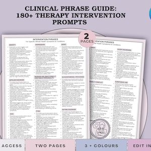 May include: A clinical phrase guide with over 180 therapy intervention prompts. The guide is two pages long and includes phrases for various mental health symptoms and conditions. The image also includes the text "Instant Access", "Two Pages", "3+ Colours", and "Edit in Canva".