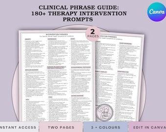 Guide de phrase sur les interventions thérapeutiques : + de 180 aide-mémoire pour les instructions cliniques et les notes d'évolution - PDF + Canva