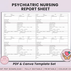 May include: A white Psychiatric Nursing Report Sheet template with black text. The template includes sections for patient information, physical assessment, and notes. The image also includes the text "PDF & Canva Template Set".