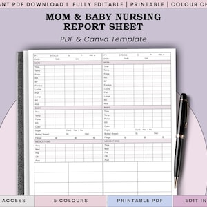 May include: A printable Mom & Baby Nursing Report Sheet template with colour choices. The document includes sections for Mom and Baby, with fields for vital signs and observations. A black pen rests on the right side of the report. The text includes "PDF & Canva Template".