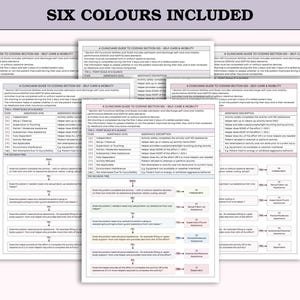 May include: A stack of six guides titled "A Clinician's Guide to Coding Section GG - Self-Care & Mobility" with detailed coding information. The guides are in various colors, with the text "SIX COLOURS INCLUDED" at the top.