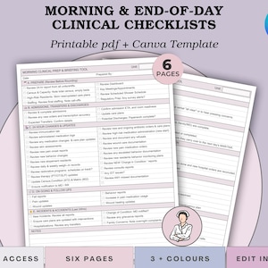 Może przedstawiać: Drukowany szablon listy kontrolnej klinicznej z tekstem "MORNING & END-OF-DAY CLINICAL CHECKLISTS". Dokument zawiera sekcje dotyczące przygotowania porannego, przyjęć i aktualizacji. Obraz zawiera również tekst "Printable pdf + Canva Template".