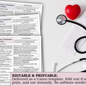 May include: A medical-themed image featuring a red heart, a black stethoscope, and a medical chart. Three sheets of paper with text titled "Deep-Dive Survey Cheatsheet" are also present. The image includes the text "Editable & Printable".