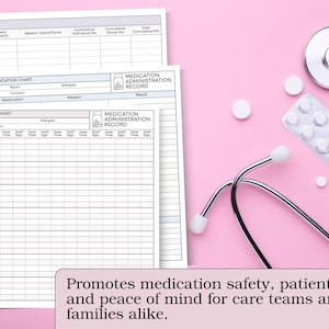 May include: Medical-themed image with a pink background. Includes a stethoscope, pills, and medication administration record sheets. Text reads: "Promotes medication safety, patient safety and peace of mind for care teams and families alike."