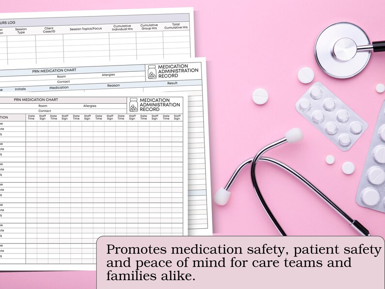 May include: Medical-themed image with a pink background. Includes a stethoscope, pills, and medication administration record sheets. Text reads: "Promotes medication safety, patient safety and peace of mind for care teams and families alike."