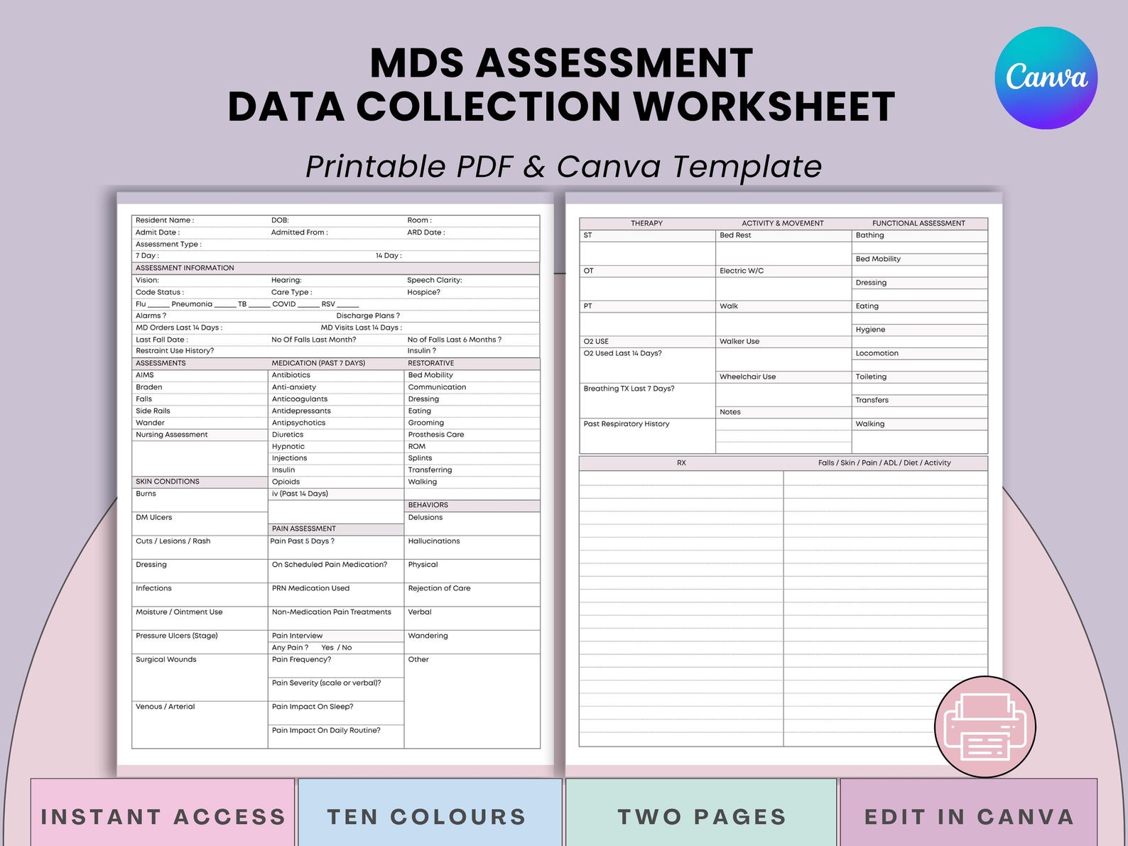 MDS Assessment Data Collection Printable Worksheet for MDS 3.0 ...