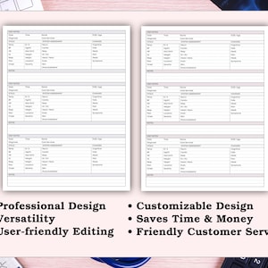 May include: Two white medical forms with detailed fields for patient information are displayed. The image also includes bullet points with text: Professional Design, Versatility, User-friendly Editing, Customizable Design, Saves Time & Money, and Friendly Customer Service.