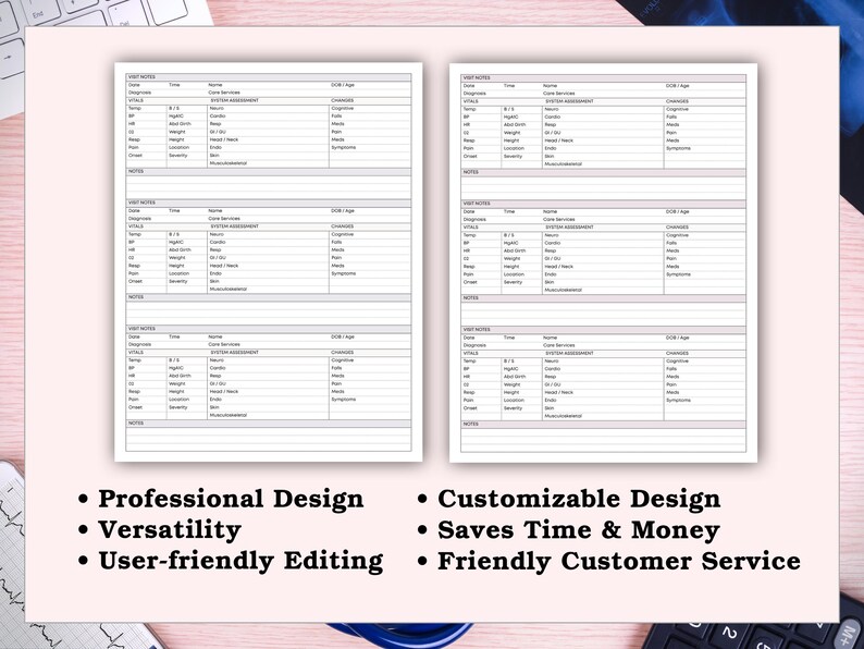 May include: Two white medical forms with detailed fields for patient information are displayed. The image also includes bullet points with text: Professional Design, Versatility, User-friendly Editing, Customizable Design, Saves Time & Money, and Friendly Customer Service.
