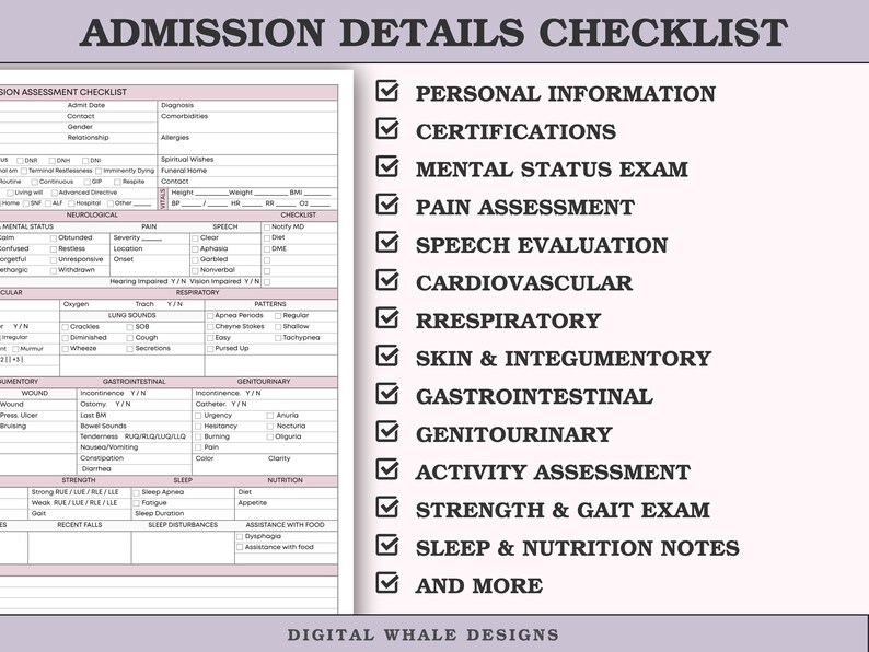 Hospice Nurse Admission Assessment Checklist - Editable Head-to-toe ...