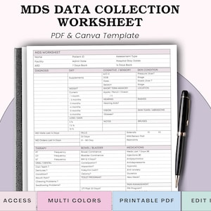 May include: A worksheet titled "MDS Data Collection Worksheet" with the text "PDF & Canva Template." The document includes sections for patient information, diagnosis, diet, cognitive/sensory, and skin condition. A black pen rests on the right side of the document. The bottom of the image has the text "Instant Access", "Multi Colors", "Printable PDF", and "Edit in Canva."