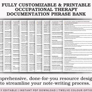May include: A printable Occupational Therapy Documentation Phrase Bank with the text "FULLY CUSTOMIZABLE & PRINTABLE OCCUPATIONAL THERAPY DOCUMENTATION PHRASE BANK". The image also includes the text "Comprehensive, done-for-you resource designed to streamline your note-writing process."