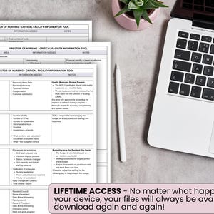 May include: A top-down view of a workspace featuring a laptop, a white stylus, and several printed documents titled "Director of Nursing - Critical Facility Information Tool." A small potted plant is also visible. The documents contain detailed lists and notes.