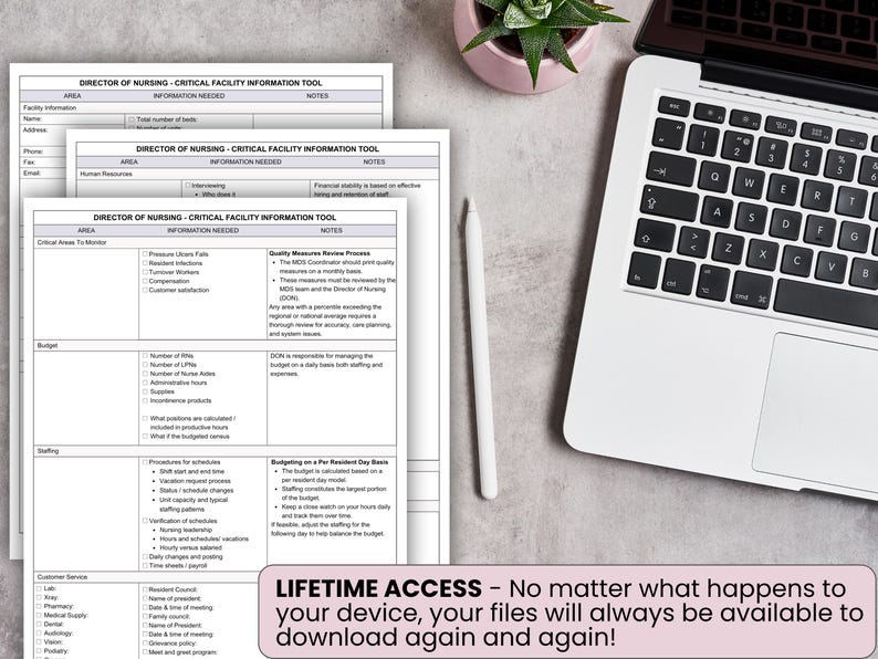 May include: A top-down view of a workspace featuring a laptop, a white stylus, and several printed documents titled "Director of Nursing - Critical Facility Information Tool." A small potted plant is also visible. The documents contain detailed lists and notes.