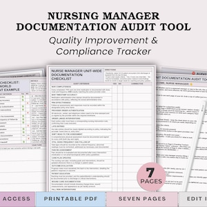 May include: A seven-page nursing manager documentation audit tool and compliance tracker printed on white paper. The documents feature black text, tables, and checklists for patient audits, including a real-world patient example and instructions.