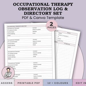 May include: A digital template set for occupational therapists, featuring an observation log and directory. The design includes the text "OCCUPATIONAL THERAPY OBSERVATION LOG & DIRECTORY SET" and "PDF & Canva Template". The template is available in 12+ colors and is editable in Canva.