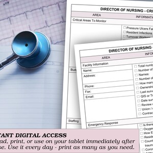 May include: A blue and silver stethoscope rests on a notepad with a printed EKG strip. Two sheets of paper with the title "DIRECTOR OF NURSING - CRITICAL FACILITY" and checklists are visible. The bottom left corner has the text "INSTANT DIGITAL ACCESS".