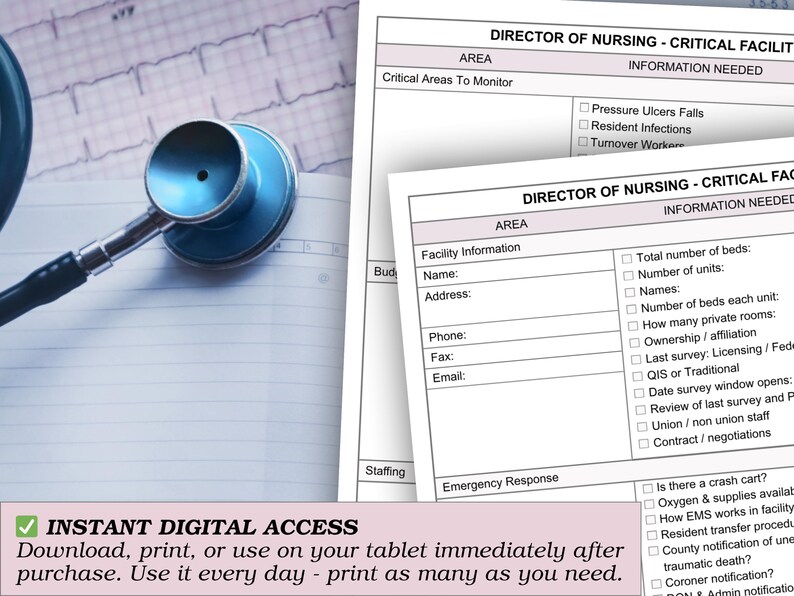 May include: A blue and silver stethoscope rests on a notepad with a printed EKG strip. Two sheets of paper with the title "DIRECTOR OF NURSING - CRITICAL FACILITY" and checklists are visible. The bottom left corner has the text "INSTANT DIGITAL ACCESS".