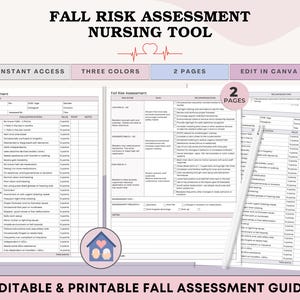 May include: A printable fall risk assessment nursing tool with a pink and purple color scheme. The document includes sections for evaluation, recommendations, and notes. Text includes "Fall Risk Assessment Nursing Tool" and "Editable & Printable Fall Assessment Guide."