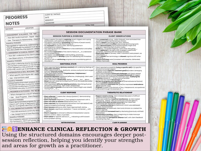 Peut inclure: Deux feuilles de papier blanches avec du texte imprim&eacute;, dont "Progress Notes" et "Session Documentation Phrase Bank". Les feuilles sont sur une surface en bois clair, avec des marqueurs color&eacute;s et des feuilles vertes en arri&egrave;re-plan. Le texte dit "Enhance Clinical Reflection & Growth."