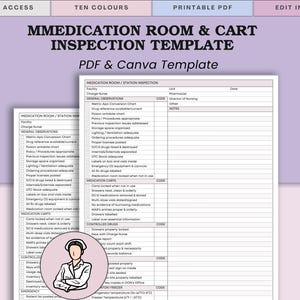 May include: A printable PDF and Canva template for a medication room and cart inspection. The template includes sections for general observations, medication carts, and controlled drugs. The design is on a light purple background with the text "MMEDICATION ROOM & CART INSPECTION TEMPLATE".