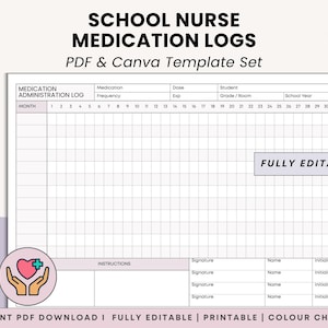 Puede incluir: Plantilla de registro de medicación para enfermeras escolares, disponible en formatos PDF y Canva. El diseño incluye secciones para la administración de medicamentos, detalles del estudiante e instrucciones. Acceso instantáneo, múltiples opciones de inicio y opciones de color.