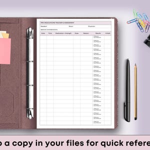May include: A brown leather binder containing a medication tracker sheet, sticky notes, and a pen. The sheet is labelled "PIN MEDICATIONS TRACKER & ASSESSMENT." The text "Keep a copy in your files for quick reference" is at the bottom.