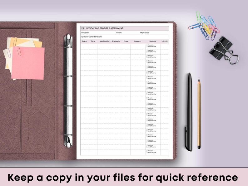 May include: A brown leather binder containing a medication tracker sheet, sticky notes, and a pen. The sheet is labelled "PIN MEDICATIONS TRACKER & ASSESSMENT." The text "Keep a copy in your files for quick reference" is at the bottom.