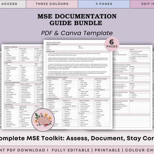 May include: A bundle of MSE Documentation Guide templates in PDF and Canva format. The templates include assessment prompts and a mental status exam. The image shows the text "MSE DOCUMENTATION GUIDE BUNDLE" and "Your Complete MSE Toolkit".